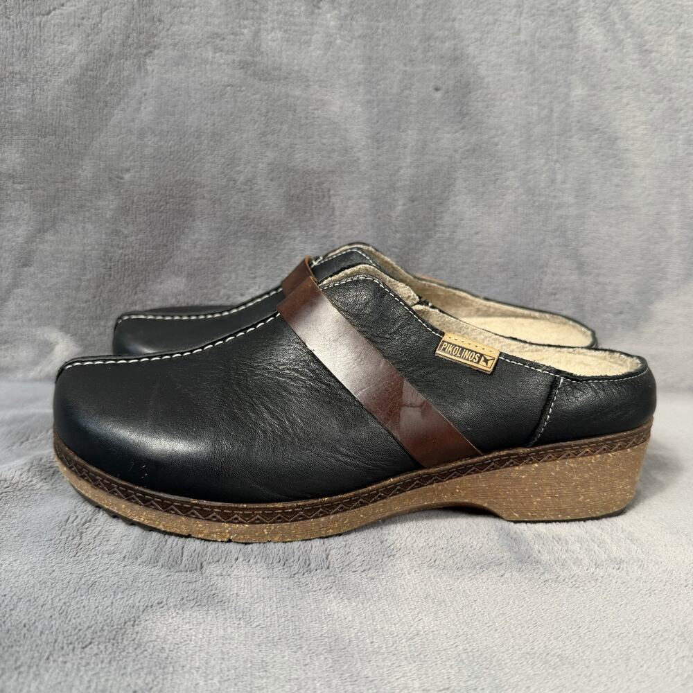 Pikolinos Leather Clog Mules EU 37 Black Brown Strap Platform Comfort Shoes